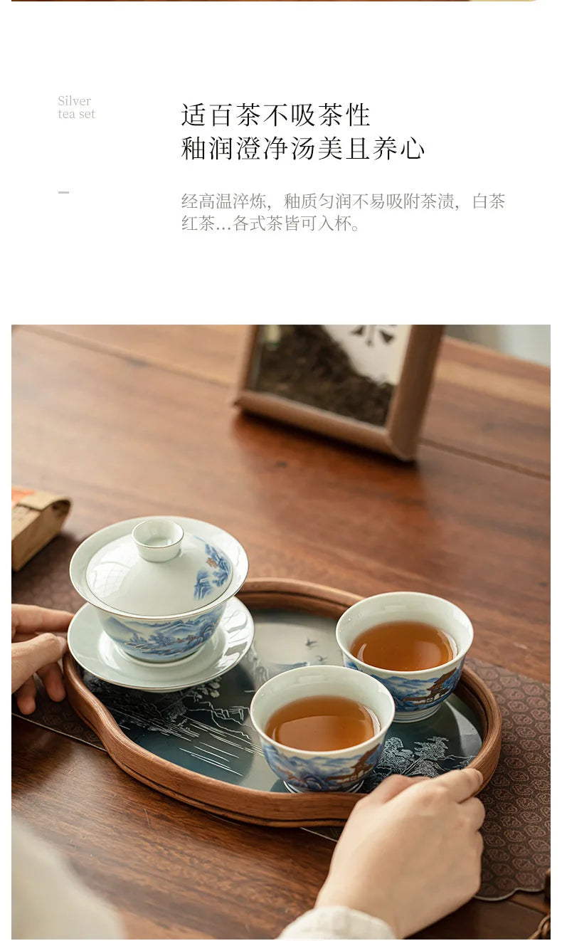 Blue And White Landscape Handmade Ceramic Sancai Tea Set Complete Set Zen Tea Ceremony Set Teapot And Tea Cup Set Tea Services