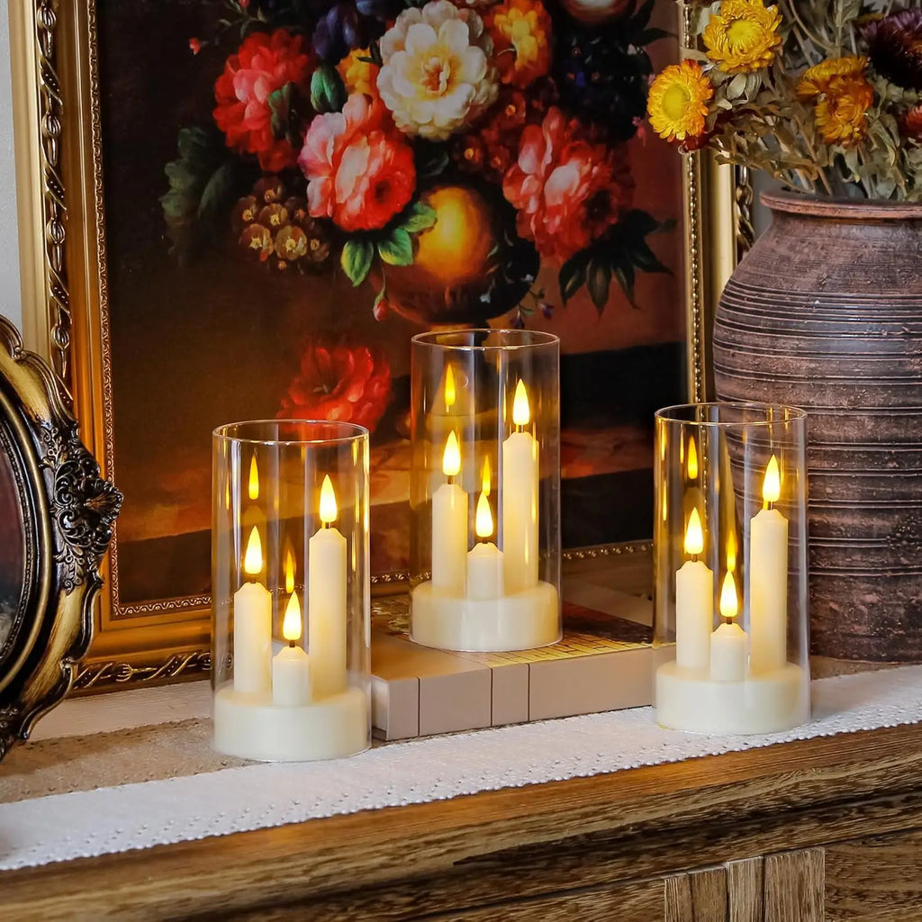 3in1 Flameless Taper Short Candles with Acrylic Lampshade Battery Operated LED Pillar Flickering Candles for Wedding Halloween