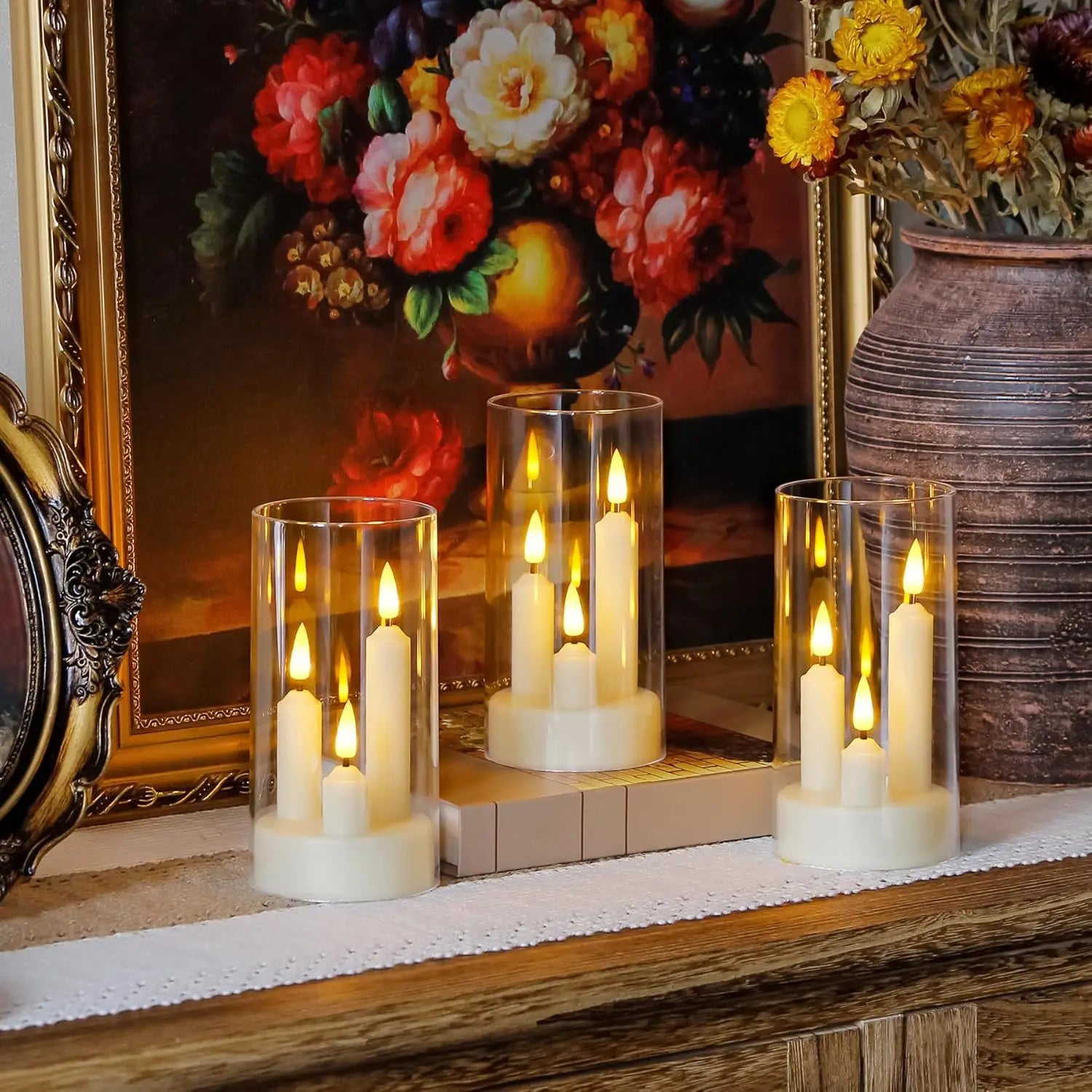 3in1 Flameless Taper Short Candles with Acrylic Lampshade Battery Operated LED Pillar Flickering Candles for Wedding Halloween