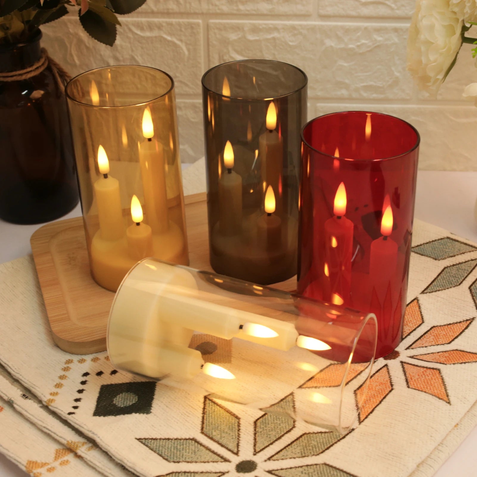 3in1 Flameless Taper Short Candles with Acrylic Lampshade Battery Operated LED Pillar Flickering Candles for Wedding Halloween