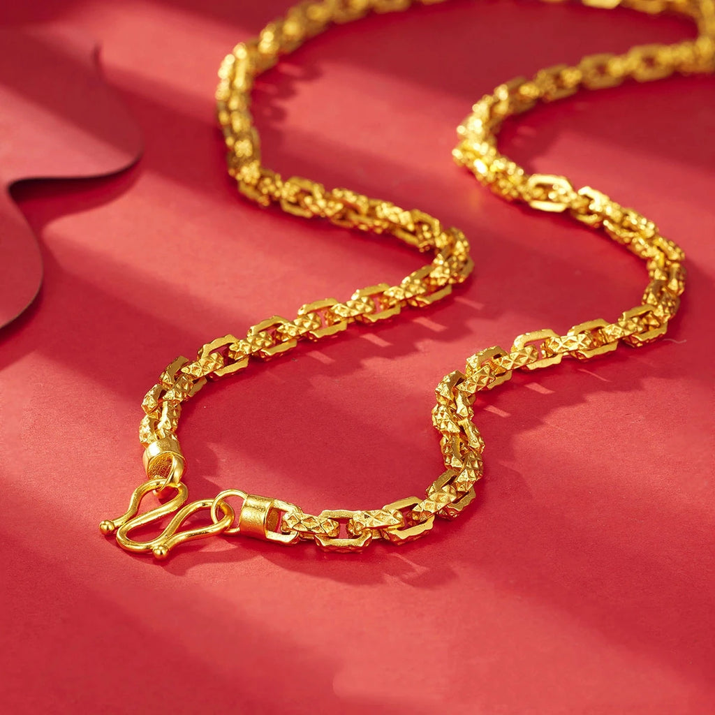Luxurious and domineering 24K real gold men's square interlocking necklace au9999 gold design Chopin necklace