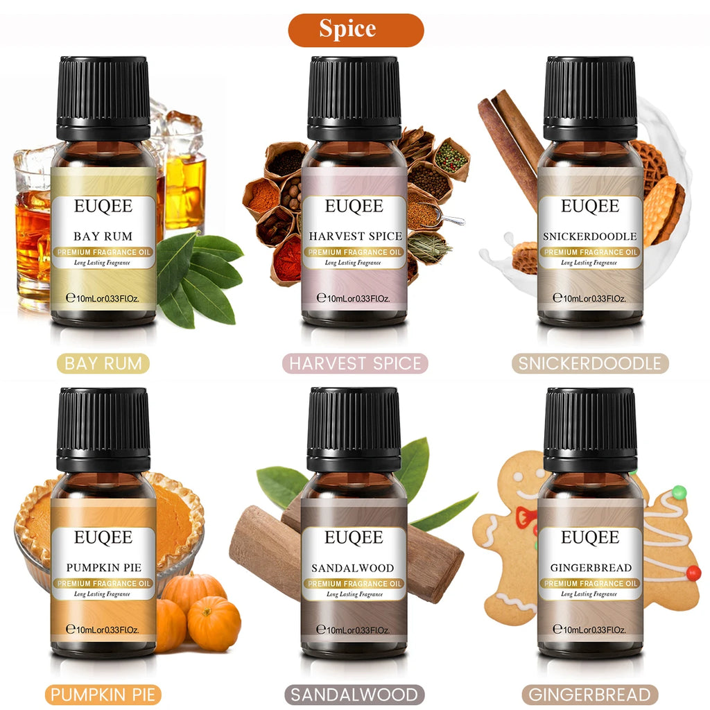 EUQEE 6PCS Aromatherapy Fragrance Oil Gift Set Coffee Fruit Series Essential Oils 10ml Strawberry Cherry Pumpkin Pie Leather