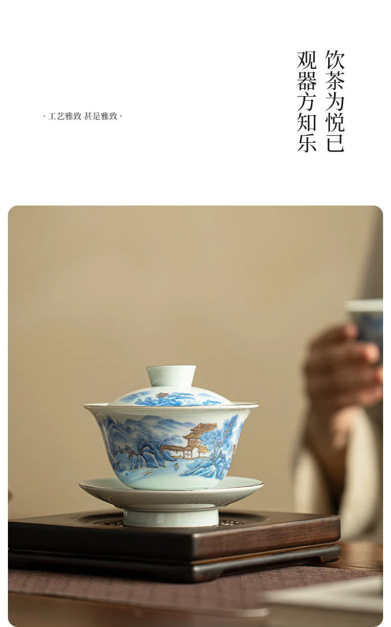 Blue And White Landscape Handmade Ceramic Sancai Tea Set Complete Set Zen Tea Ceremony Set Teapot And Tea Cup Set Tea Services