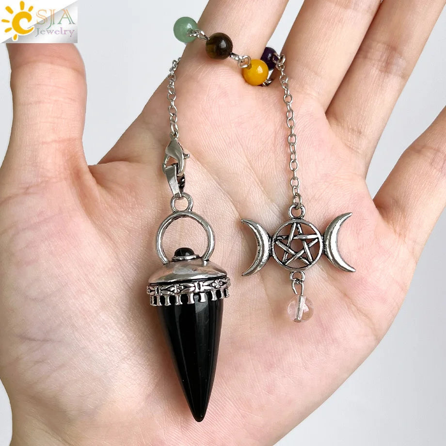 CSJA Natural Stone Cone Pendulum Reiki Amethyst Pink Crystal Gem Stone Pendulo for Dowsing Dinvination Healing Quartz H624