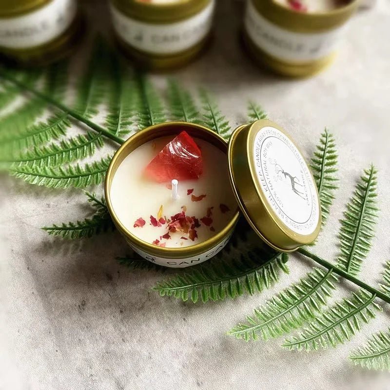 1PC Crystal Stone Aromatherapy Candle Plant Essential Oil Soybean Iron Can Candle Dry Flower