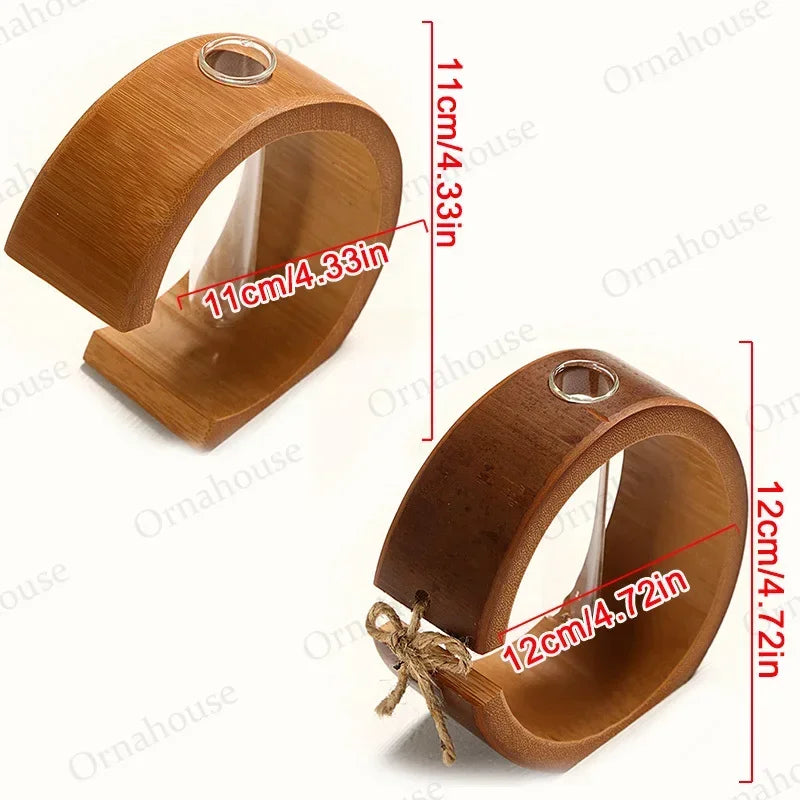 Handmade Bamboo Vase with Wooden Frame Retro Flowerpot for Bonsai Plant Home Decoration Tabletop Ornament
