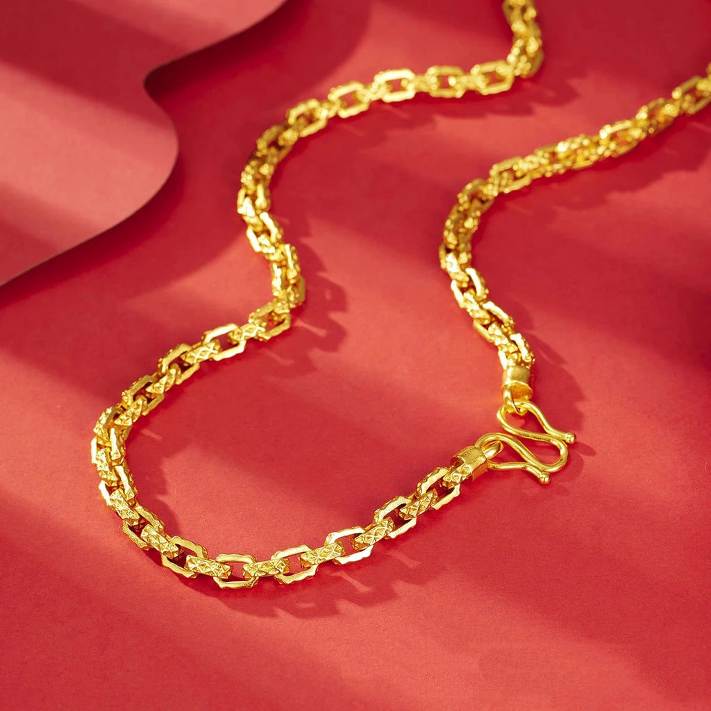 Luxurious and domineering 24K real gold men's square interlocking necklace au9999 gold design Chopin necklace