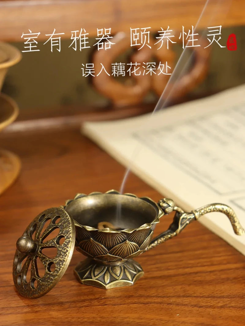 Lotus Flower Incense Burner With Handle Retro Copper Lotus Hollow Out Incense Stick Burner Brass Small Metal Craft Home Decor
