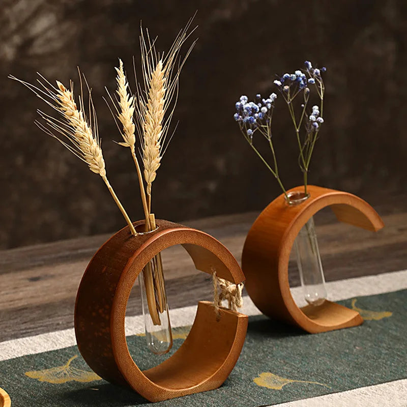 Handmade Bamboo Vase with Wooden Frame Retro Flowerpot for Bonsai Plant Home Decoration Tabletop Ornament