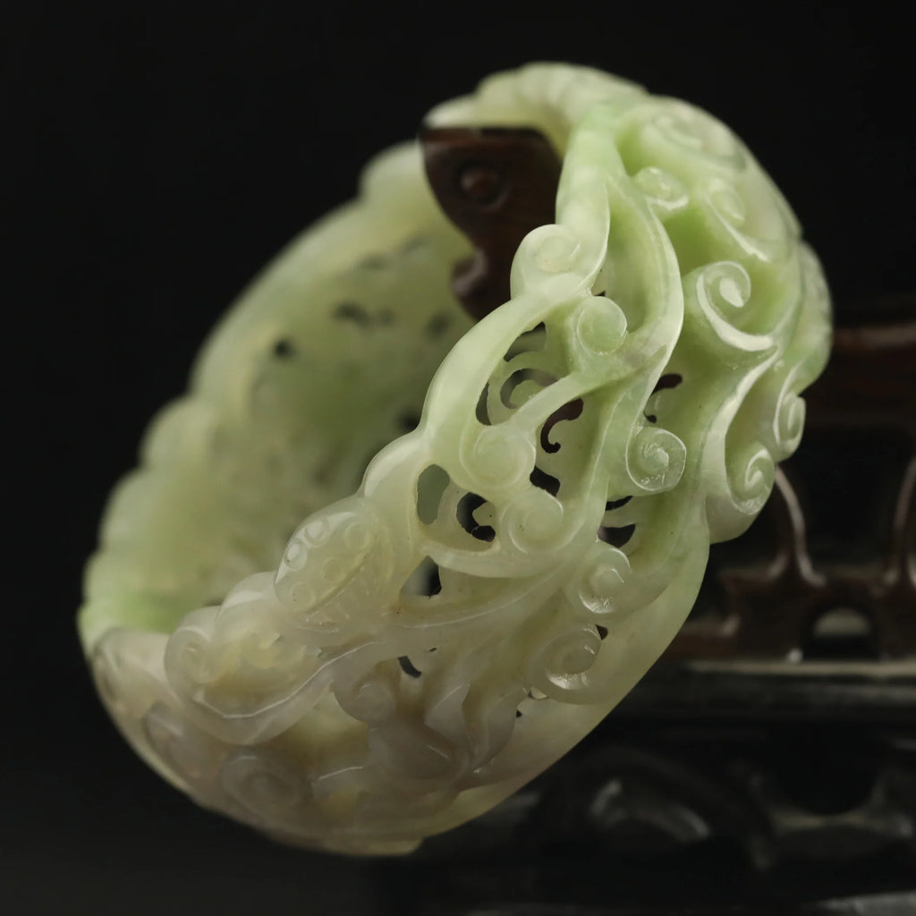 China natural hetian green jade hand carved flower bracelet bangle d