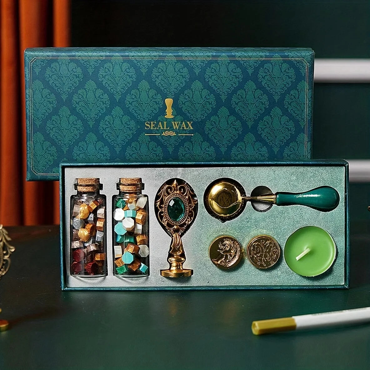 9PCS -European retro wax sealed stamps, wax+spoon+candle+stamp head+handle+colored pen, lacquered brass stamp set