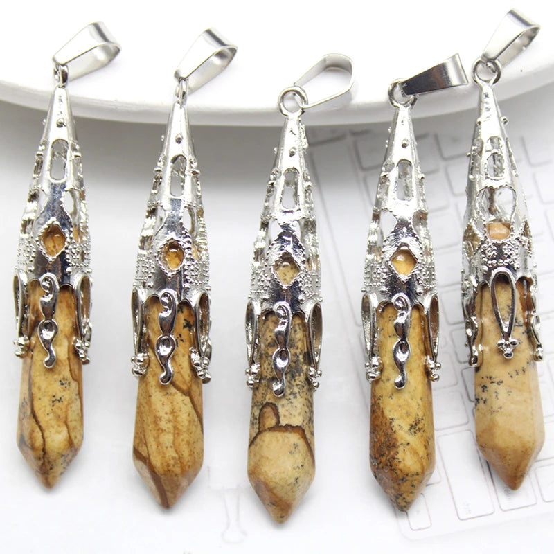 10pcs Crystal Pendulums for Dowsing Divination Natural Gem Stone Quartz Crystal Obsidian Hexagon Pendant For DIY Jewelry Making