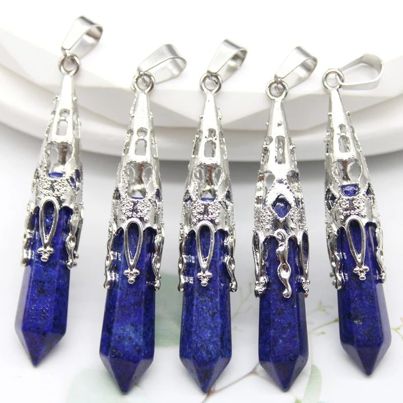 10pcs Crystal Pendulums for Dowsing Divination Natural Gem Stone Quartz Crystal Obsidian Hexagon Pendant For DIY Jewelry Making