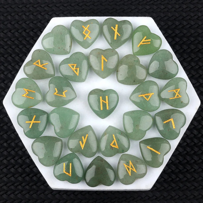 20mm Heart Shape Crystal Rune Stones Set 25pcs Quartz Agate Reiki Healing Crystals Engraved Elder Futhark Viking Alphabet Runes