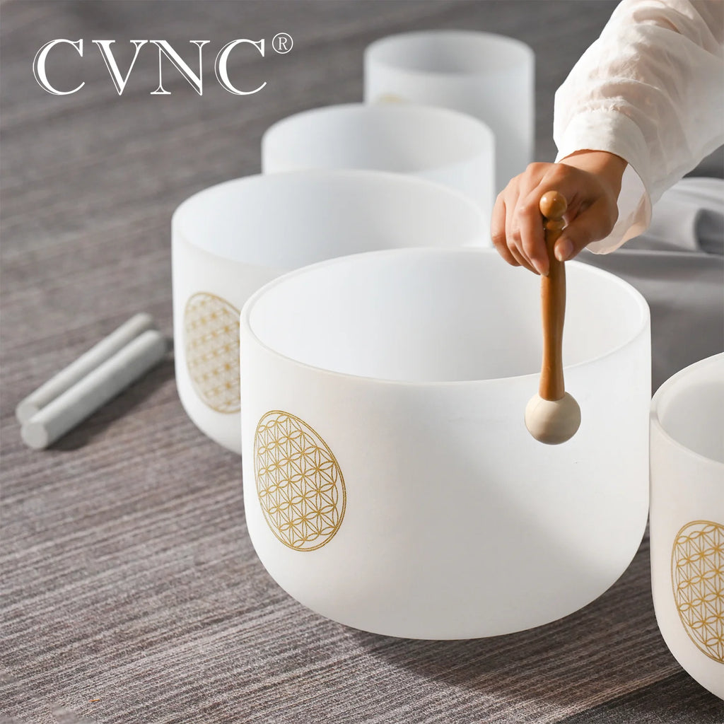 CVNC 6-12" Flower of Life pattern Frosted Quartz Crystal Singing Bowls Set  7Pcs Chakra for Sound Healing with Bags