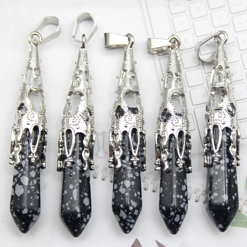 10pcs Crystal Pendulums for Dowsing Divination Natural Gem Stone Quartz Crystal Obsidian Hexagon Pendant For DIY Jewelry Making