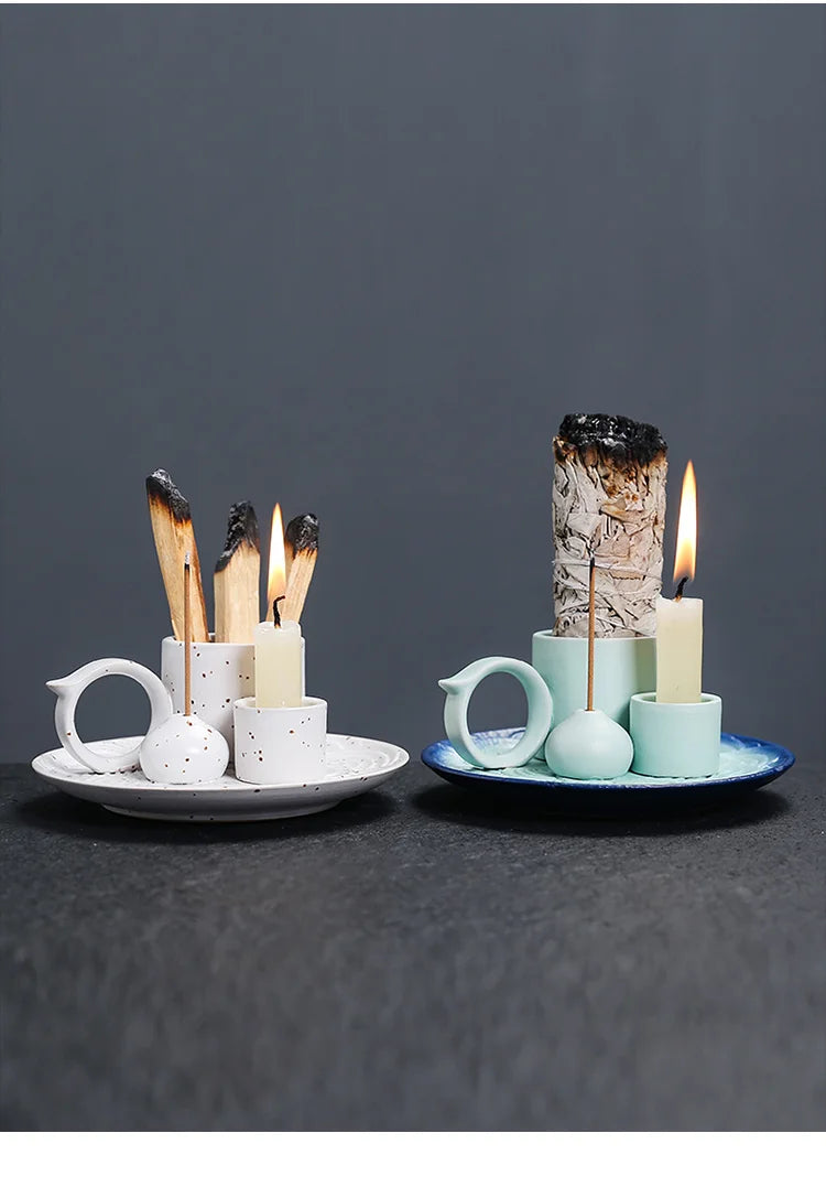 4 in 1 Incense Burner, Sage Palo Santo Holder, Incense Stick Holder Candles Holder Ceramic Censer for Meditation Living Room