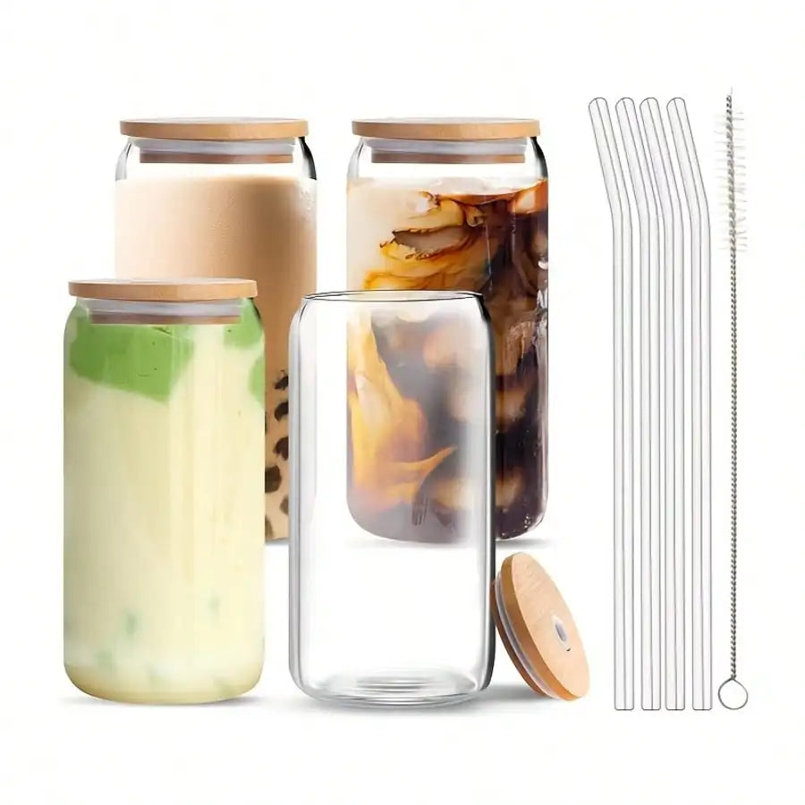 4PCS 16.5oz/488ml Can-Shaped Glass Cups - Bamboo Lid+Straw+Brush | For Iced Coffee/Milk Tea/Juice