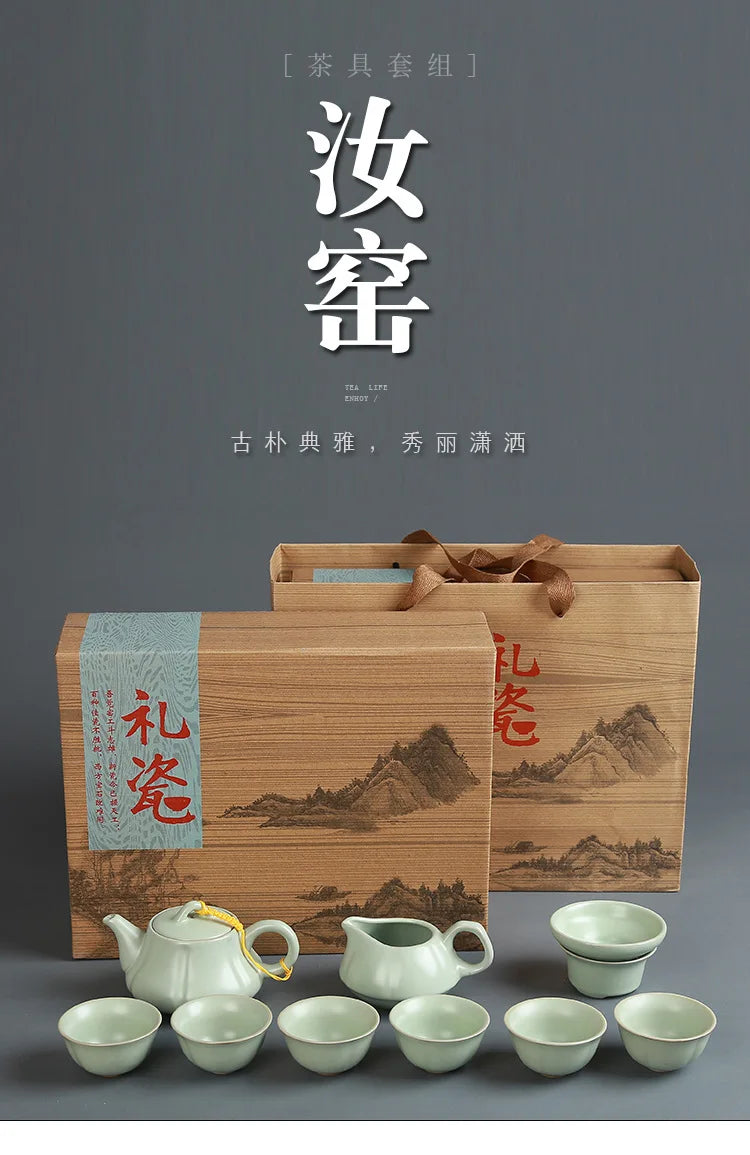 Creative Business Gift Ceramic Tea Set Teaware Geyao Ru Kiln A Pot of Six Cups of Tea Cups with Hand Gift Box Japanese TeaSet