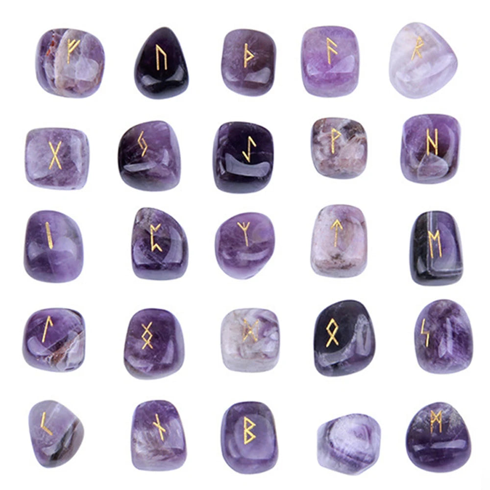 Natural Crystal Rune Stones Set 25pcs Quartz Agate Crystal Stone Witches Reiki Healing Energy Rune Letter Crystal Carving Crafts