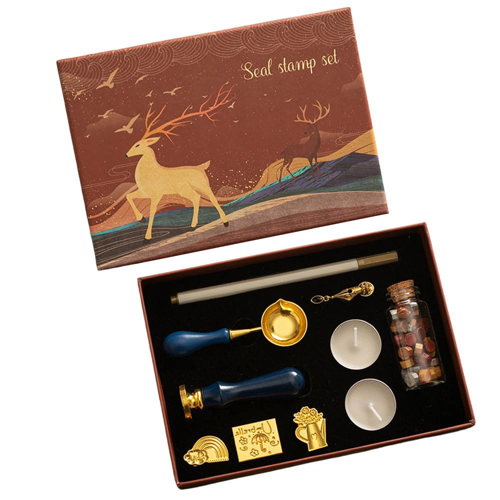 Wax Seal Stamp Kit with 6pcs Seal Stamp and Bottle of Wax Beads  Spoon/Candle/Wax Melt Warmer for Christmas Vintage Envelopes