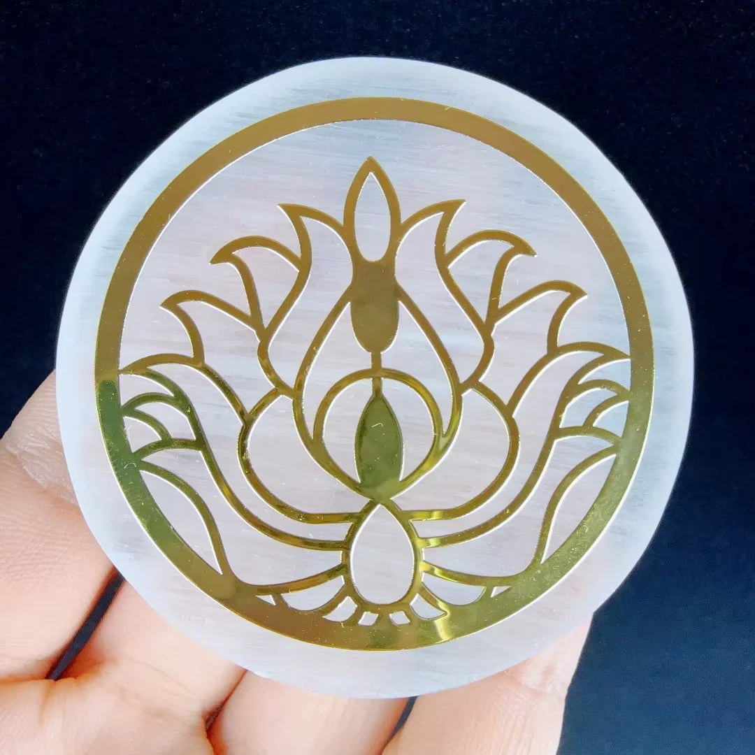 1pc Natural Selenite Slice Irregular Crystal Stone - Mixed Style Boho Star Moon Tree Flower Golden Tray Jewelry Accessories Art
