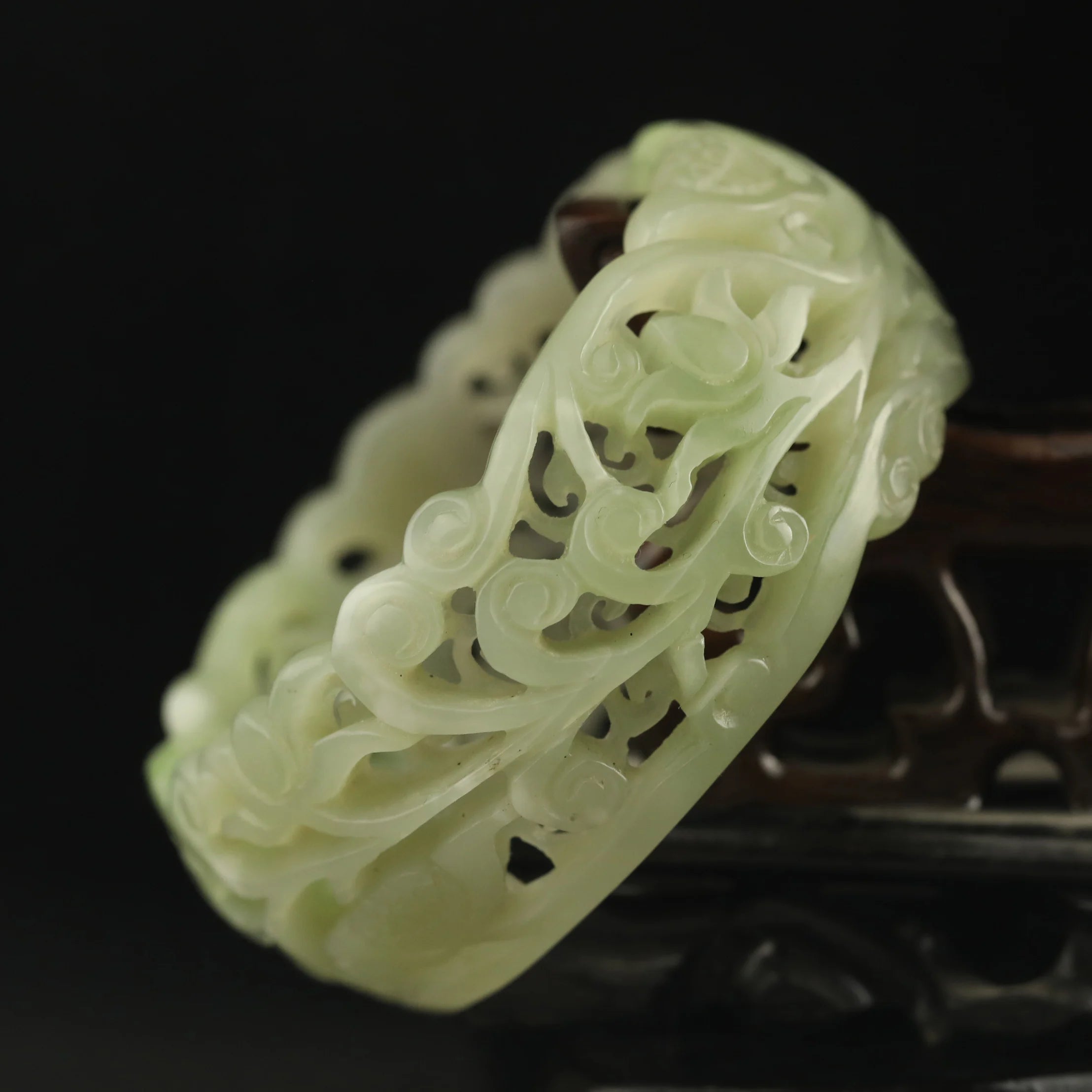 China natural hetian green jade hand carved flower bracelet bangle d