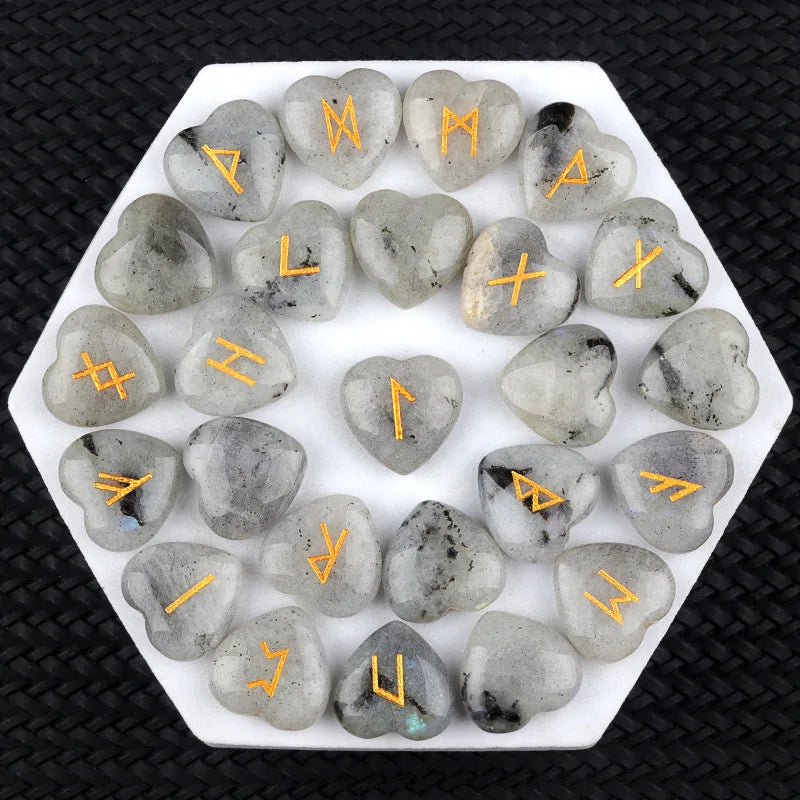20mm Heart Shape Crystal Rune Stones Set 25pcs Quartz Agate Reiki Healing Crystals Engraved Elder Futhark Viking Alphabet Runes