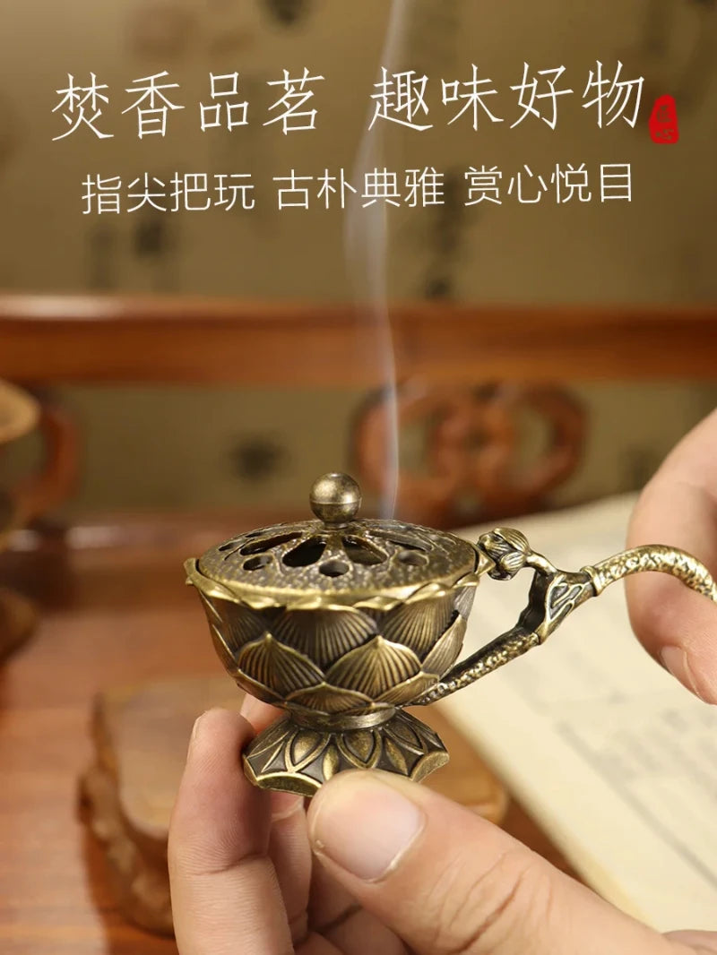 Lotus Flower Incense Burner With Handle Retro Copper Lotus Hollow Out Incense Stick Burner Brass Small Metal Craft Home Decor