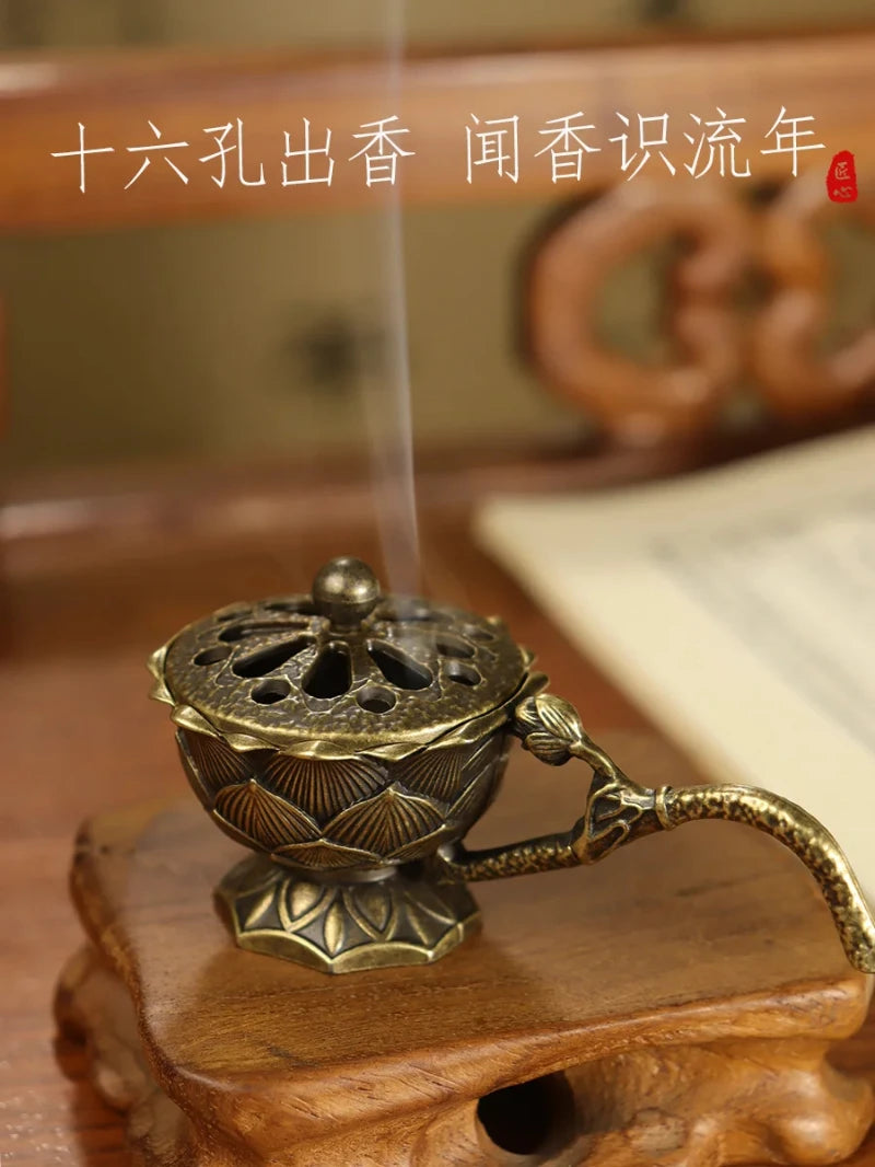 Lotus Flower Incense Burner With Handle Retro Copper Lotus Hollow Out Incense Stick Burner Brass Small Metal Craft Home Decor