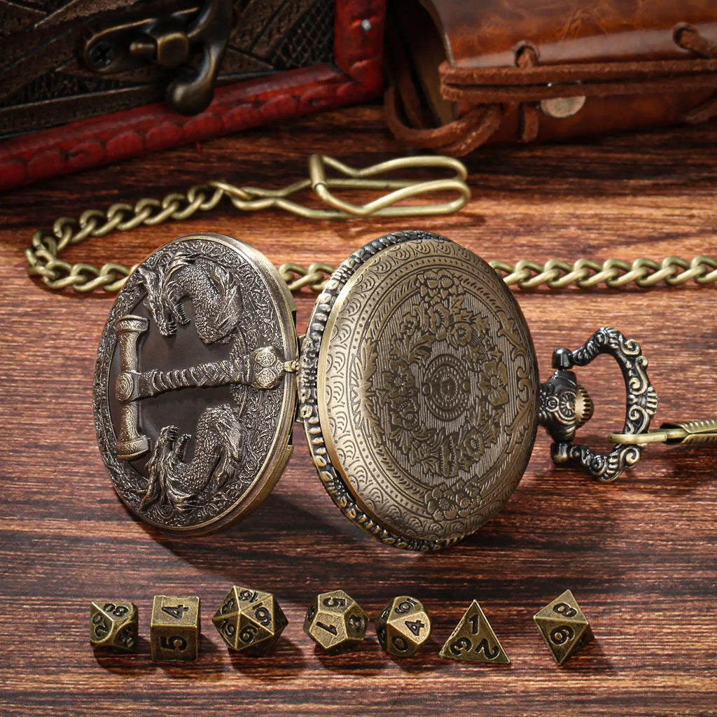 Retro Hammer Double Dragon DND Dice Jewelry Pocket Watch Case with 7pcs Metal Dice for Dungeons & Dragons RPG Dice Pendant