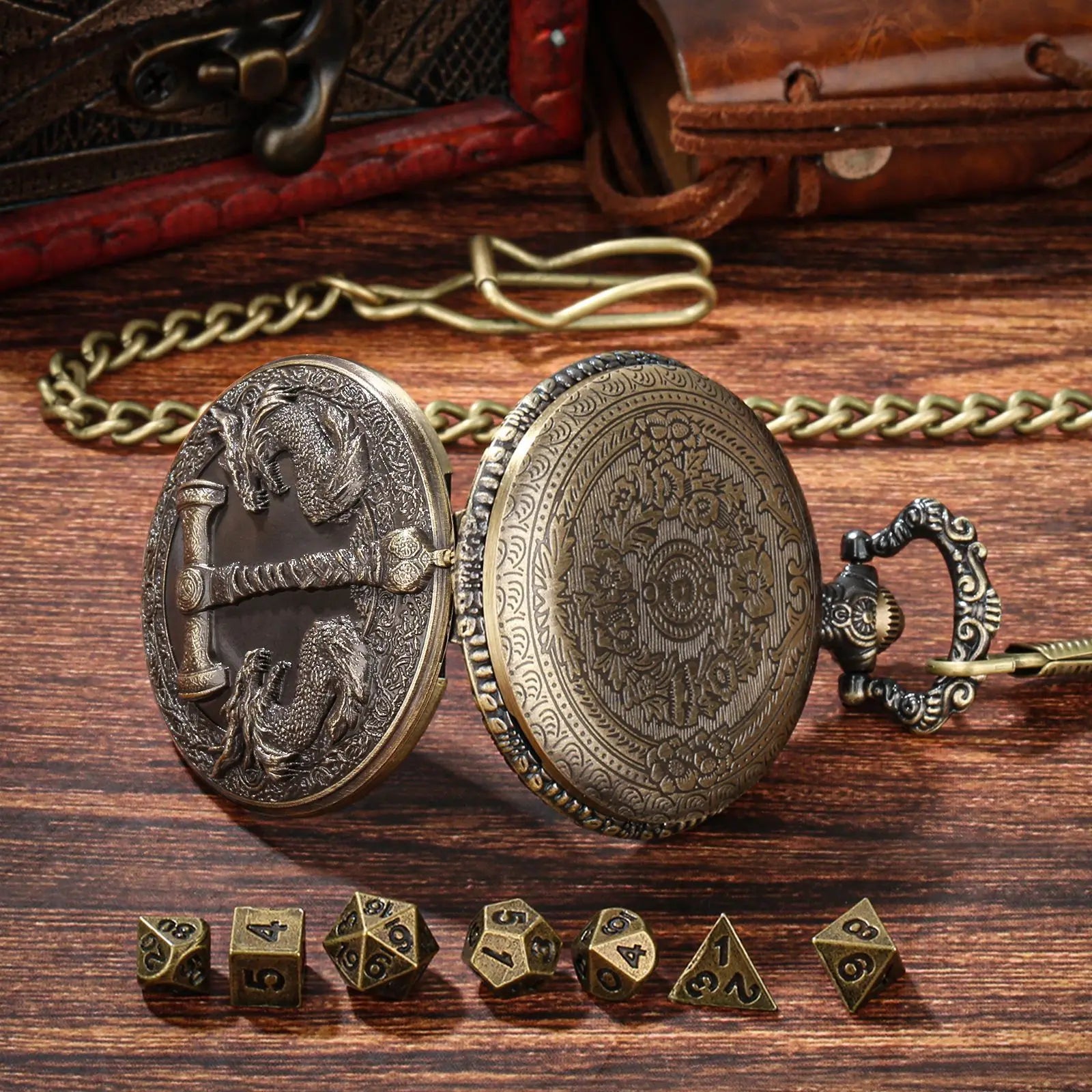 Retro Hammer Double Dragon DND Dice Jewelry Pocket Watch Case with 7pcs Metal Dice for Dungeons & Dragons RPG Dice Pendant