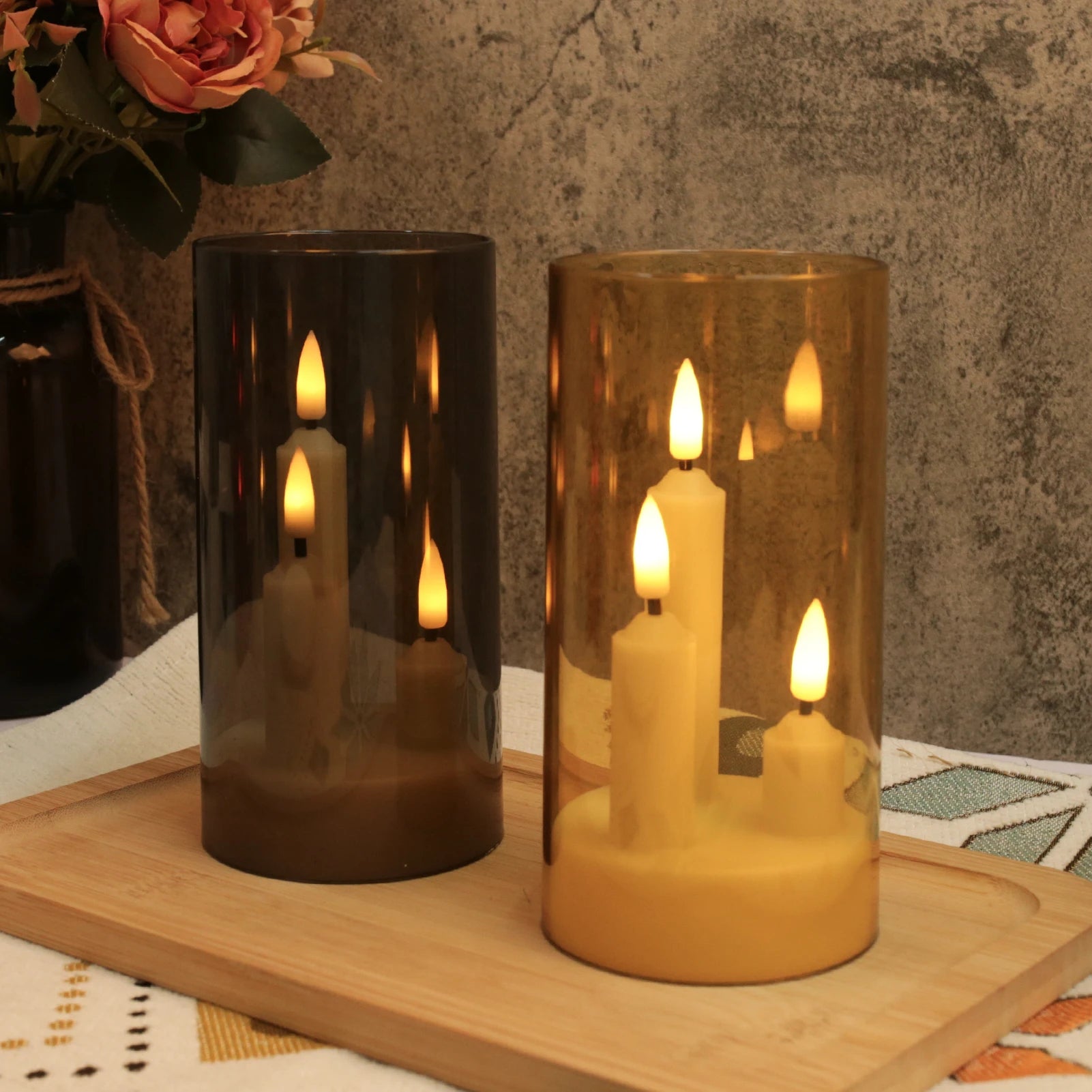 3in1 Flameless Taper Short Candles with Acrylic Lampshade Battery Operated LED Pillar Flickering Candles for Wedding Halloween