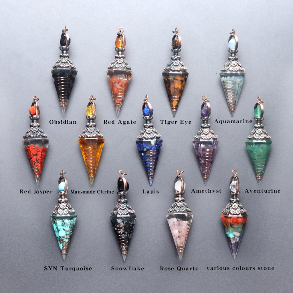 Natural Stone Crystal Pendulum Necklaces Hexagonal Cone Crushed Stone Amethysts Rose Quartz Chakra Pendant Jewelry Accessories