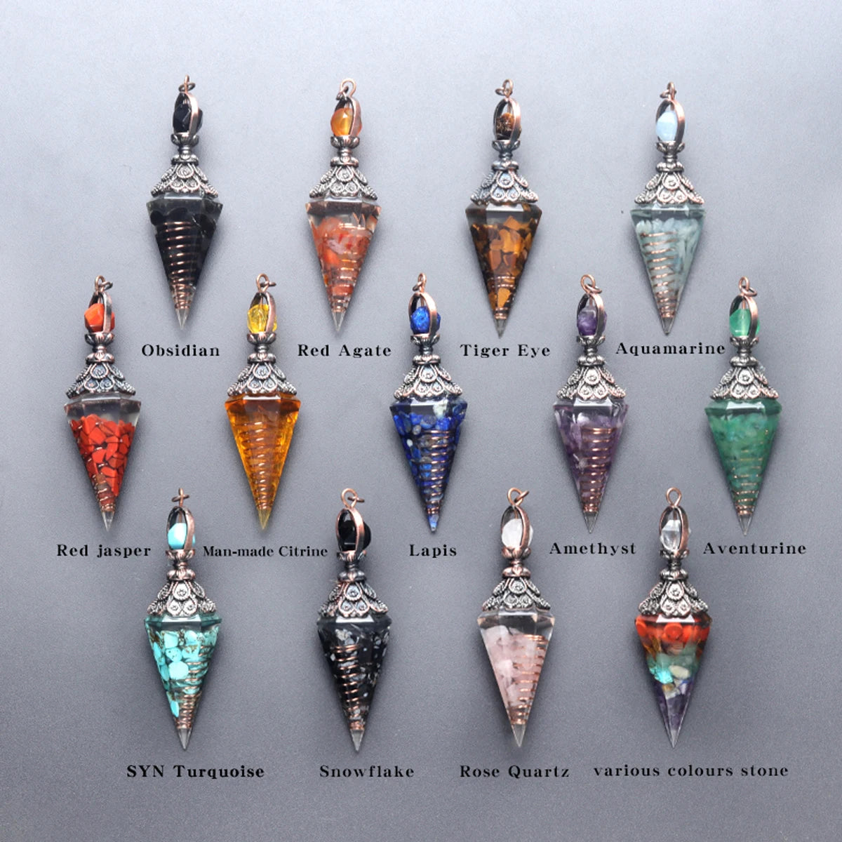 Natural Stone Crystal Pendulum Necklaces Hexagonal Cone Crushed Stone Amethysts Rose Quartz Chakra Pendant Jewelry Accessories