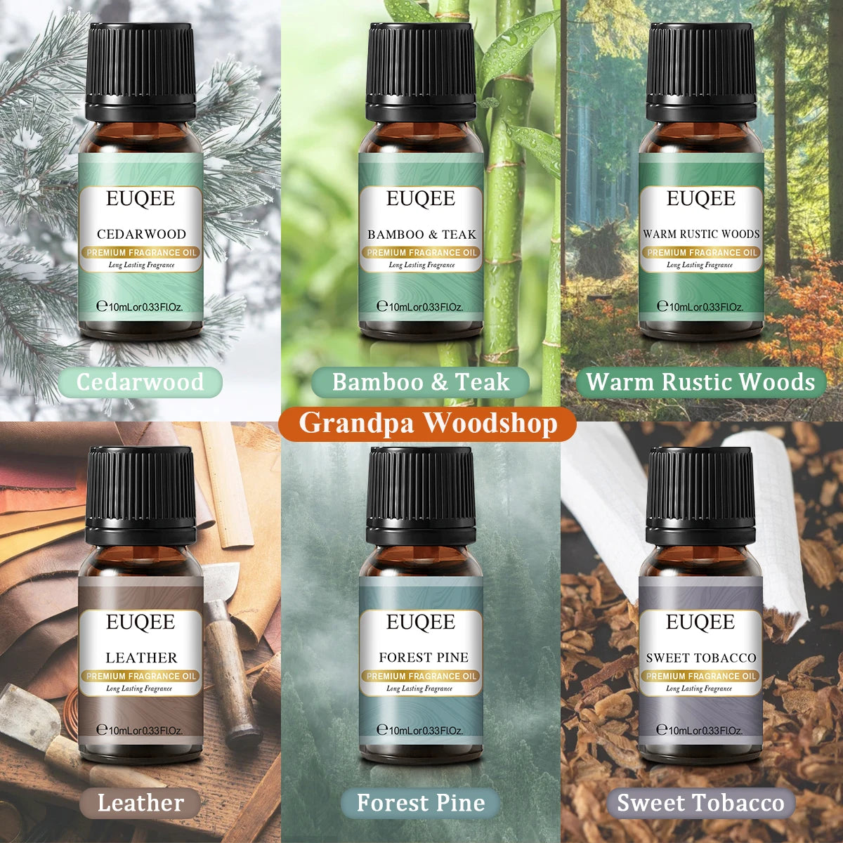 EUQEE 6PCS Aromatherapy Fragrance Oil Gift Set Coffee Fruit Series Essential Oils 10ml Strawberry Cherry Pumpkin Pie Leather