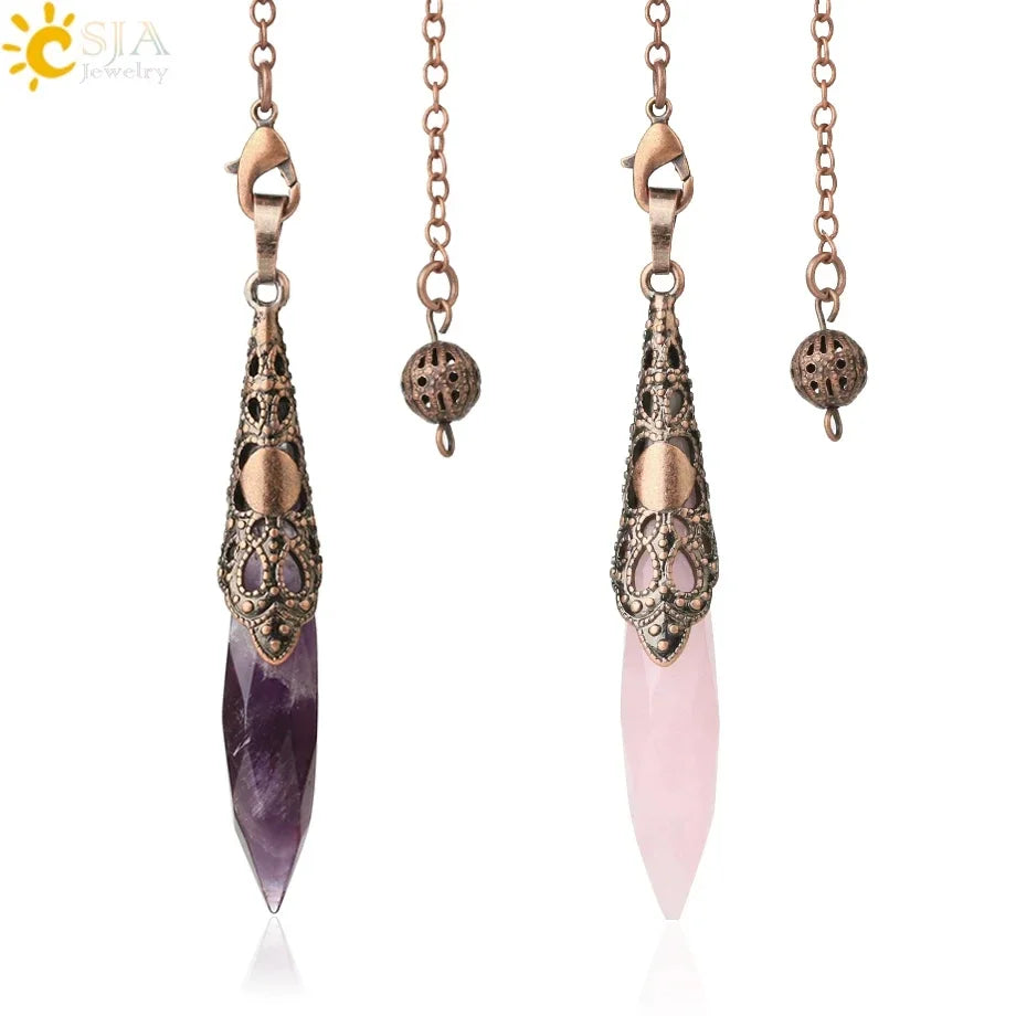 CSJA Natural Stone Cone Pendulum Reiki Amethyst Pink Crystal Gem Stone Pendulo for Dowsing Dinvination Healing Quartz H624