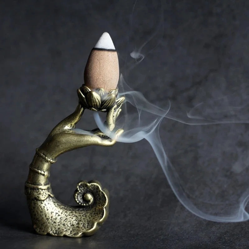 Copper Hand Lotus Backflow Incense Burner Aromatherapy Holder