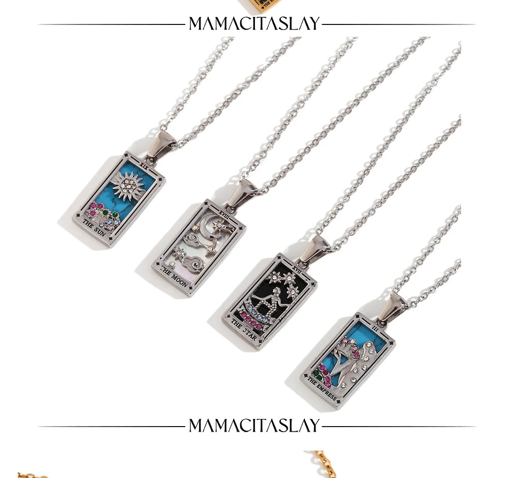 MamacitaSlay New In Populry Rectangular Pendant Empress Lovers Magician Tarot Waterproof Stainless Steel Necklace For Women