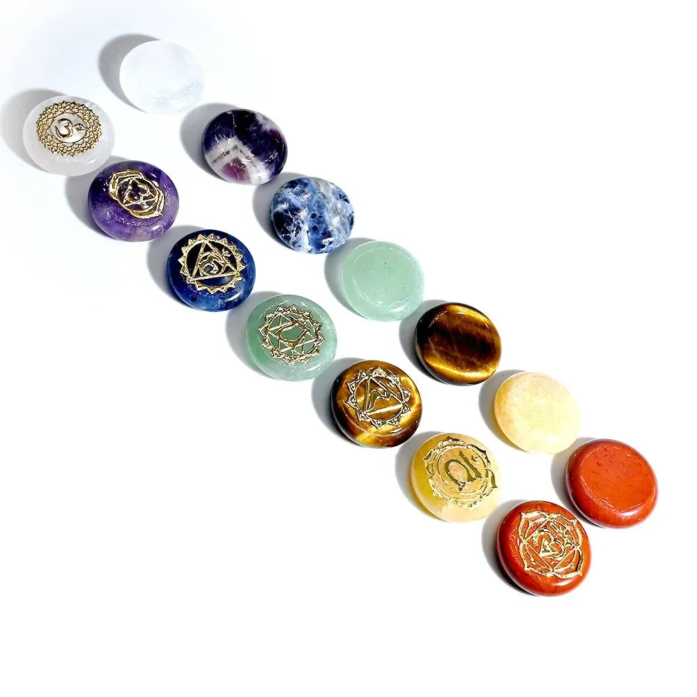 7Pcs Chakra Natural Crystal Stones for Divination Yoga Meditation Rune Carving  Fortune-telling Reiki Healing Gemstones