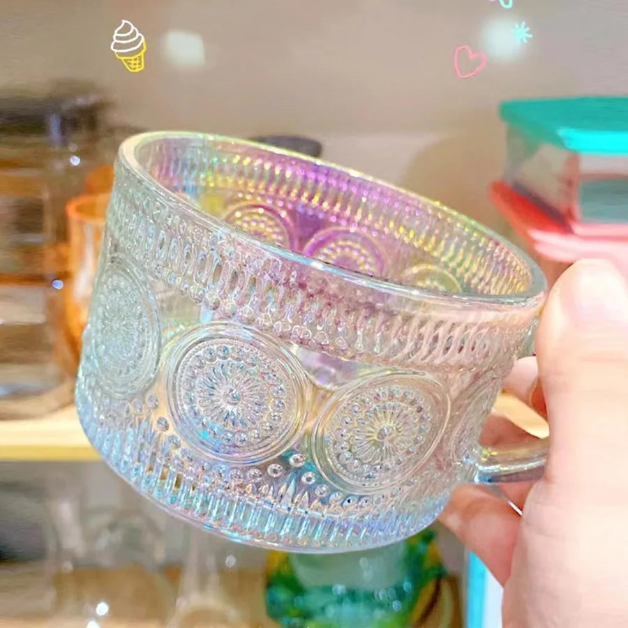 Vintage Coffee Mugs Set of 2 14 oz Iridescent Embossed Glass Tea Cups with Handle for Cappuccino Latte Hot or Cold Beverages -