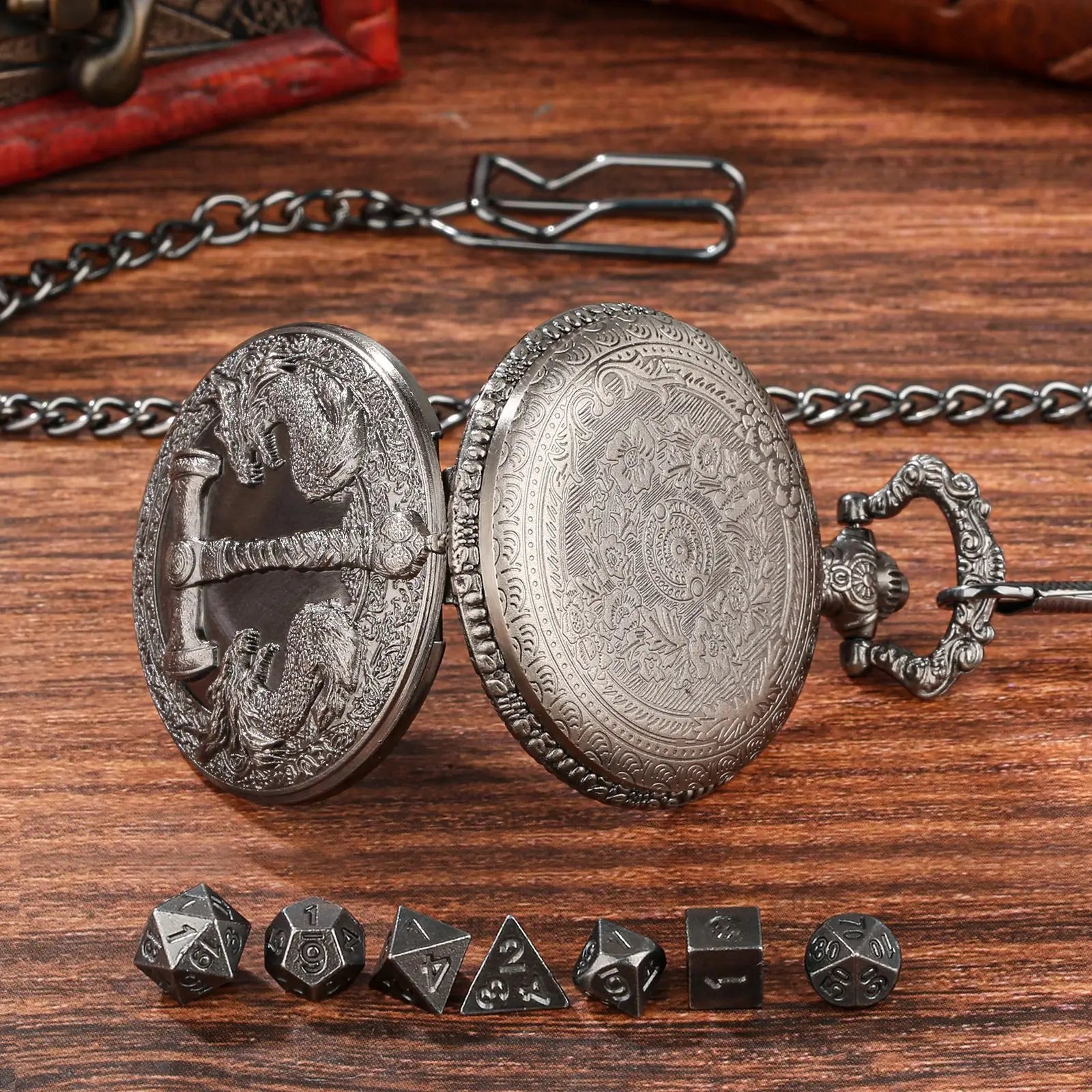 Retro Hammer Double Dragon DND Dice Jewelry Pocket Watch Case with 7pcs Metal Dice for Dungeons & Dragons RPG Dice Pendant