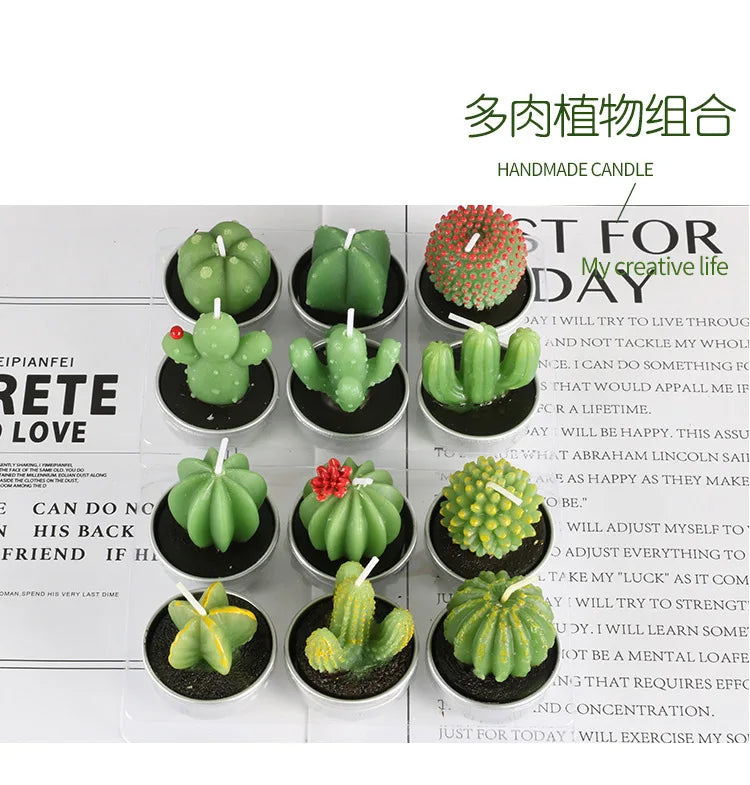 12pcs Mini Cactus Candles Succulent Greenery Candles Flameless Tea Light Candles Suitable for Party Wedding Home Decoration