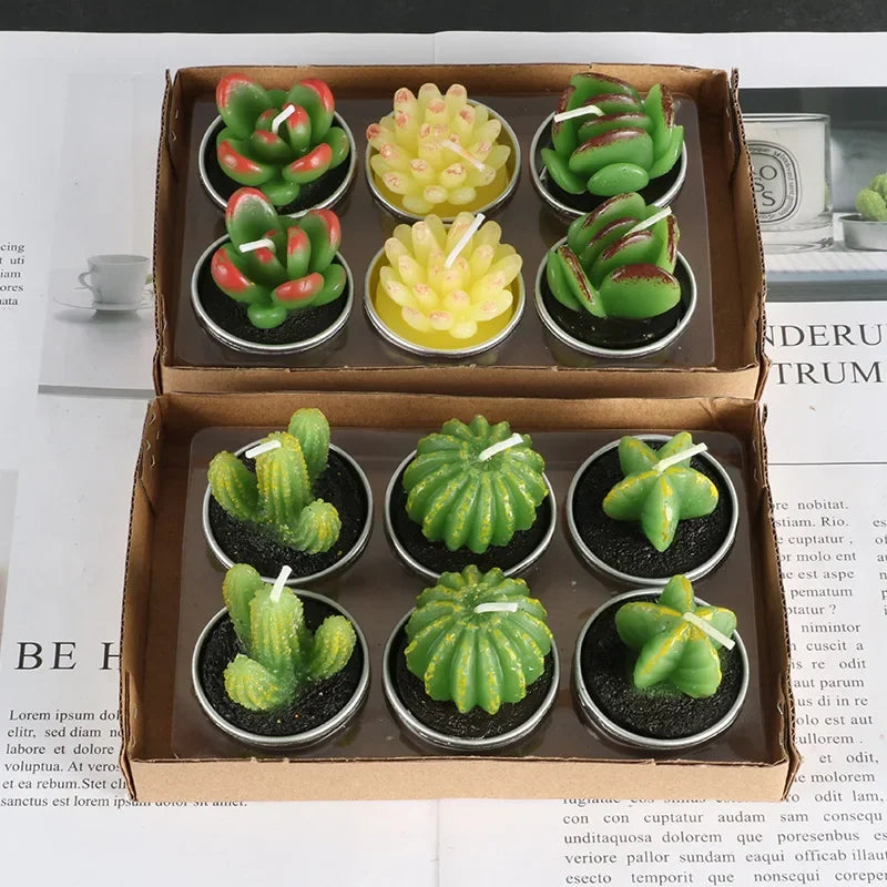 12pcs Mini Cactus Candles Succulent Greenery Candles Flameless Tea Light Candles Suitable for Party Wedding Home Decoration