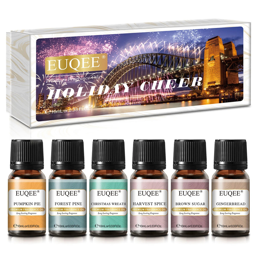 EUQEE 6PCS Aromatherapy Fragrance Oil Gift Set Coffee Fruit Series Essential Oils 10ml Strawberry Cherry Pumpkin Pie Leather
