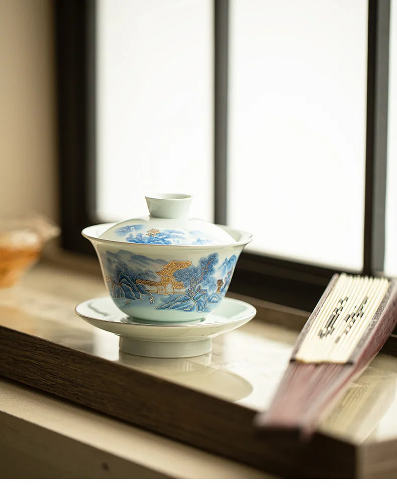 Blue And White Landscape Handmade Ceramic Sancai Tea Set Complete Set Zen Tea Ceremony Set Teapot And Tea Cup Set Tea Services