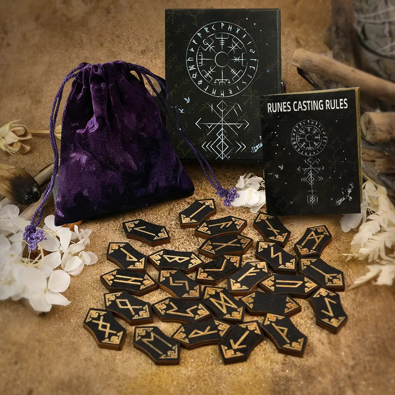 Wooden Rune Stone Set 25pcs Viking Norse Divination Kit with Guide Book Velvet Bag Spiritual Runes Beginners Meditation Ritual