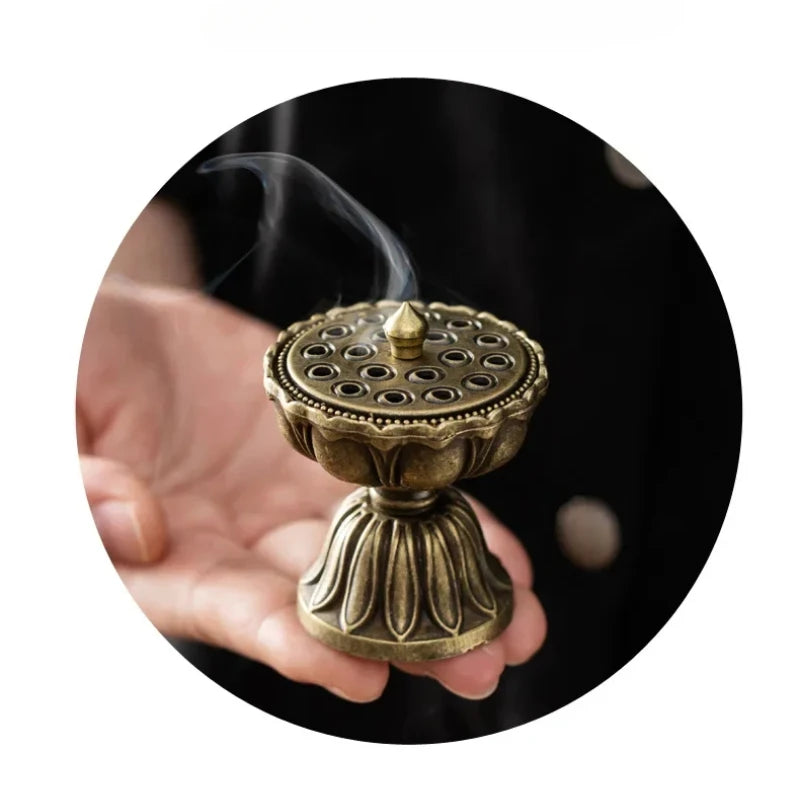 Lotus Flower Incense Burner With Handle Retro Copper Lotus Hollow Out Incense Stick Burner Brass Small Metal Craft Home Decor