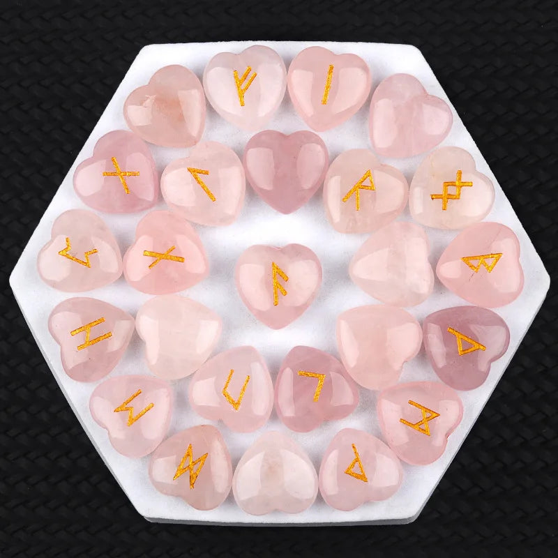 20mm Heart Shape Crystal Rune Stones Set 25pcs Quartz Agate Reiki Healing Crystals Engraved Elder Futhark Viking Alphabet Runes