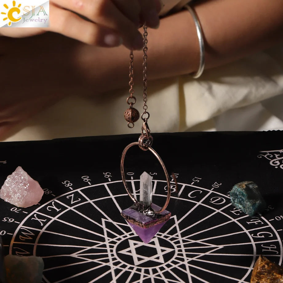 CSJA Natural Stone Cone Pendulum Reiki Amethyst Pink Crystal Gem Stone Pendulo for Dowsing Dinvination Healing Quartz H624